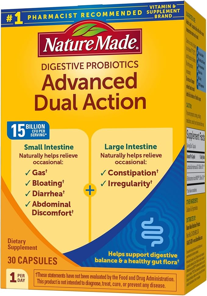 Nature Made Digestive Probiotics Advanced Dual Action, Probiotics for Women and Men, 30 Probiotic Capsules, 30 Day Supply