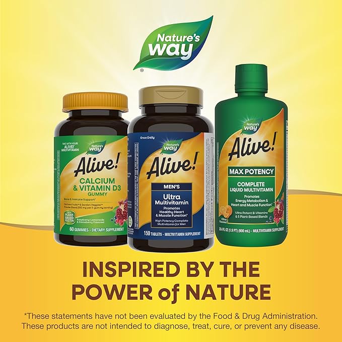 Nature's Way Alive! Men's Daily Ultra Multivitamin, Promotes Healthy Heart & Muscle Function*, with B-Vitamins Including Methylated B12, Gluten Free, 150 Tablets (Packaging May Vary)