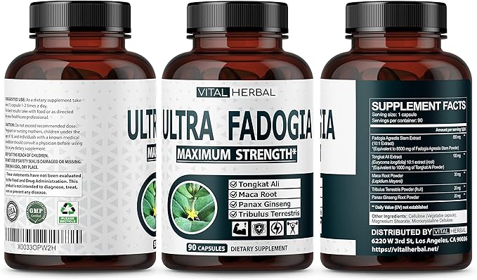 Ultra Fadogia Agrestis 10:1 Extract with Tongkat Ali Capsules - Equivalent to 9570 mg - Maximum Strength with Ginseng Maca Root Tribulus - Boost Energy Muscle Buider (90 Count (Pack of 1))