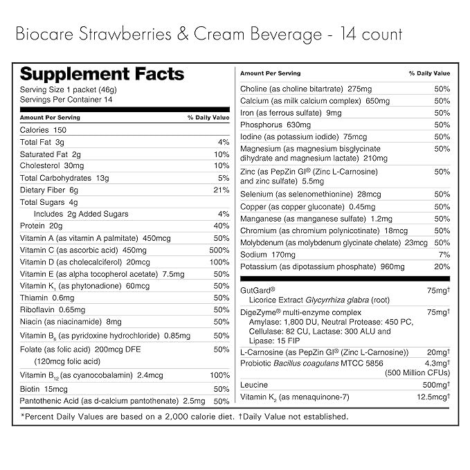 Nutritional Beverage for GLP-1 Users, Dietary Powder Drink Provides 20g Essential Protein, 26 Vitamins/Minerals, Helps Ease Nausea, Bloating, Constipation, Strawberries & Cream (14 Count)