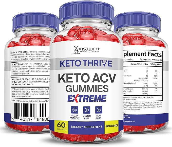 (3 Pack) Keto Thrive Keto ACV Gummies Extreme 2000MG Keto Thrive Keto Gummies Apple Cider Vinegar Formulated with Pomegranate Beet Juice Powder B12 Vegan Non GMO 180 Gummys