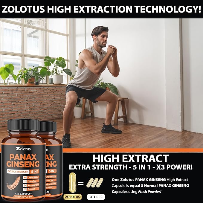 Zolotus 2 Packs Korean Red Panax Ginseng + Ginkgo Biloba, 2800mg with Ashwagandha, Beet Root, Green Tea, Boost Energy, Mood, Focused Strength, Enhanced Stamina Performance, 240 Capsules