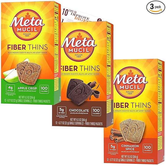 Fiber Thins Digestive Health Support Psyllium Fiber Bars Variety & Bleam Digestive Health Tip Card - Apple Crisp - Cinnamon Spice - Chocolate - Variety Pack Of 3