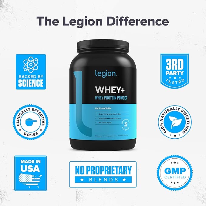 LEGION Whey+ Unflavored Whey Isolate Protein Powder from Grass Fed Cows - Low Carb, Low Calorie, Non-GMO, Lactose Free, Gluten Free, Sugar Free, All Natural Whey Protein Isolate, 30 Servings…