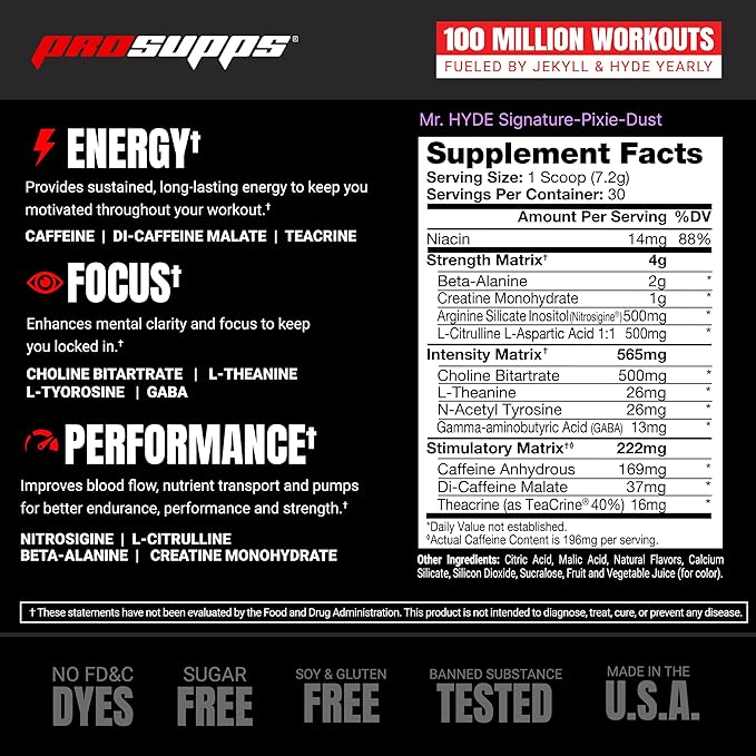 PROSUPPS Mr. Hyde Signature Pre Workout with Creatine, Beta Alanine, TeaCrine and Caffeine for Sustained Energy, Focus and Pumps - Pre-Workout Energy Drink for Men and Women (Pixie Dust, 30 Servings)
