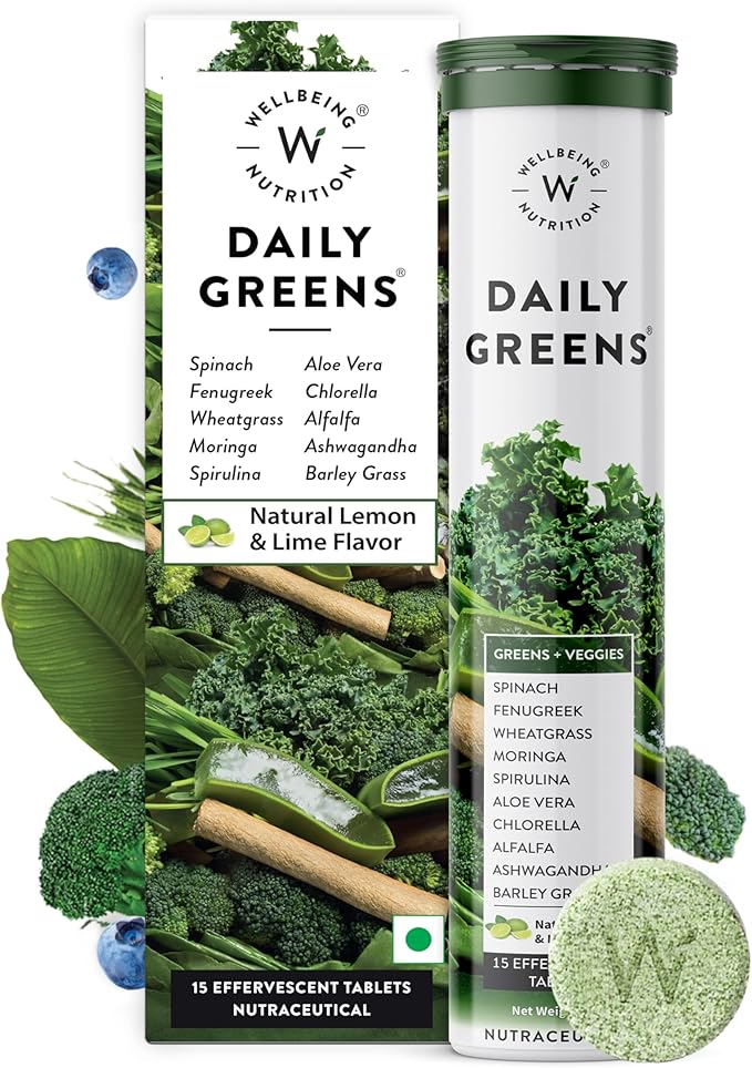 WELLBEING NUTRITION Daily Greens, Wholefood Multivitamin with Vitamin C, Zinc, B6, B12 for Immunity and Detox with 39+ Organic Certified Plant Superfoods & Antioxidants(15Tabs x 2) (63 g (Pack of 2))