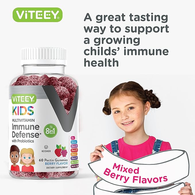 Kids Multivitamin Gummies with Probiotics - 8-1 Kids Vitamins for Immune Health Support with Vitamin C, D3, B12, B6, Zinc, Elderberry, Selenium - Vegetarian - Chewable Tasty Berry Flavored Gummy