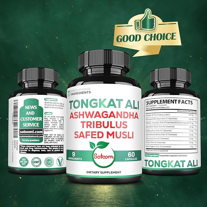 Satoomi Tongkat Ali Root Extract 200:1-9 Essential Herbs with Ashwagandha, Tribulus Terrestris & More - Support Strength, Energy and Healthy Immune - 60 Vegan Caps 2 Month Supply
