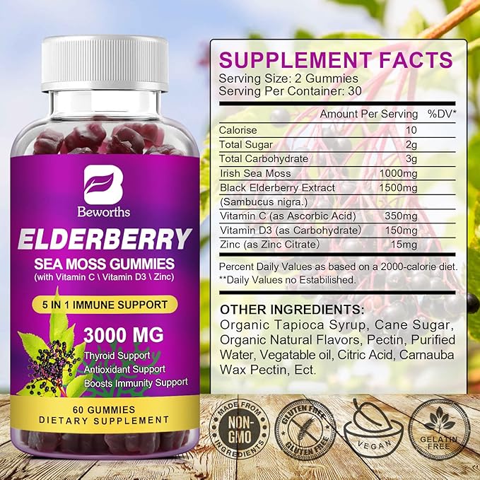 Elderberry Gummies & Irish Sea Moss, Organic Sambucus Elderberry Gummy with Seamoss, Zinc, Vitamin C, D3, Multivitamin Elderberry Vitamin Immune & Energy Support Supplements - Sugar-Free