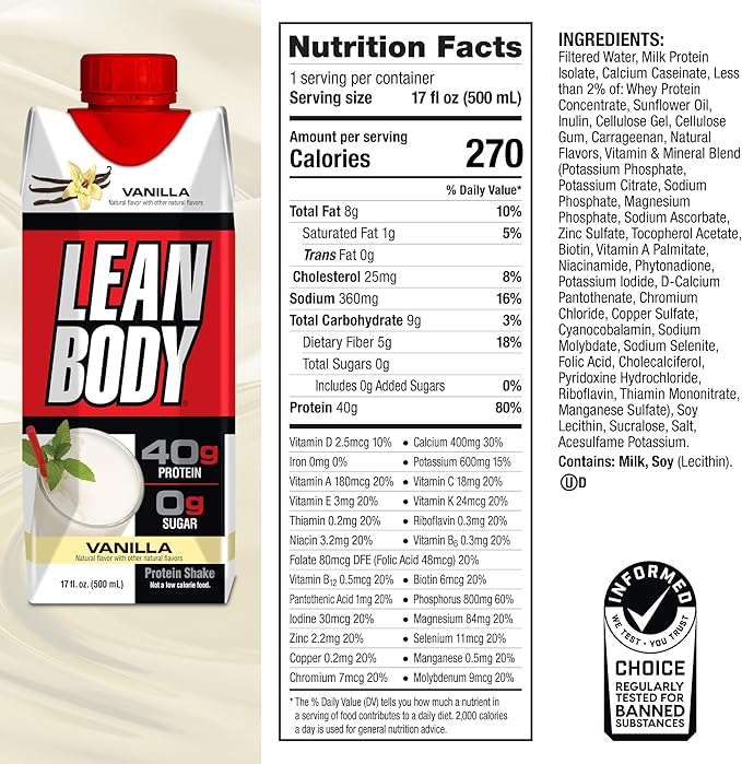 Lean Body Ready-to-Drink Vanilla Protein Shake, 40g Protein, Whey Blend, 0 Sugar, Gluten Free, 22 Vitamins & Minerals, 17 Fl Oz (Pack of 12) LABRADA