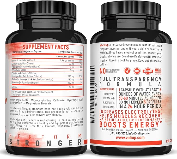 VALI Electrolyte Salts Plus 40mg Caffeine. Rapid Oral Rehydration Replacement Pills. Hydration Nutrition Powder Supplement, Energy, Recovery & Relief Fast. Fluid Health Essentials. 120 Veggie Capsules