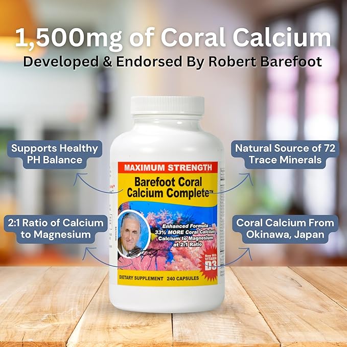 1500mg, 240 Capsules- Coral Calcium Supplement Developed by Bob Barefoot- Supports Overall Health & PH Levels- Contains Calcium, Magnesium, & Vitamins
