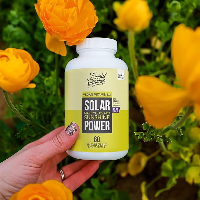 LIVELY VITAMIN CO. Solar Power Vitamin D3 5000 iu - Patented Vitamin K - MK7 - Immune Balance - Brain Function - Mood - Heart - Stress - 60 Count