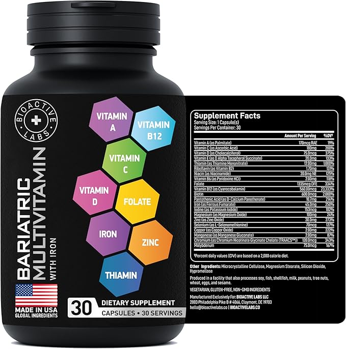 Bariatric Multivitamin with Iron For Women & Men - Post Gastric Bypass Vitamins and Gastric Sleeve Bariatric Iron Vitamin Multivitamins -Non-GMO, Gluten-Free -One a Day, 30 Bariatric Vitamins Capsules