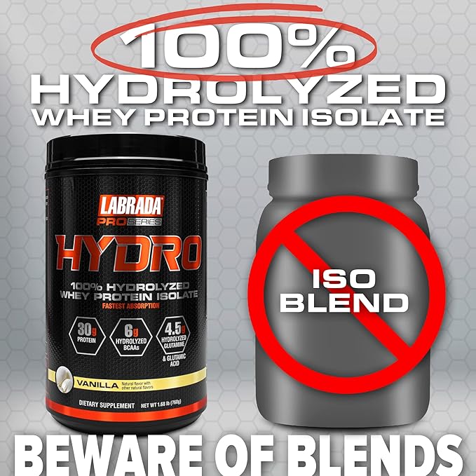 Labrada Hydro 100% Pure Hydrolyzed Whey Protein Isolate Powder, Lactose Free, 6g BCAA’s, 4.5g Glutamine, Fastest Digesting Whey Available, Instant Mixing, Delicious Taste 20 Servings (Vanilla)