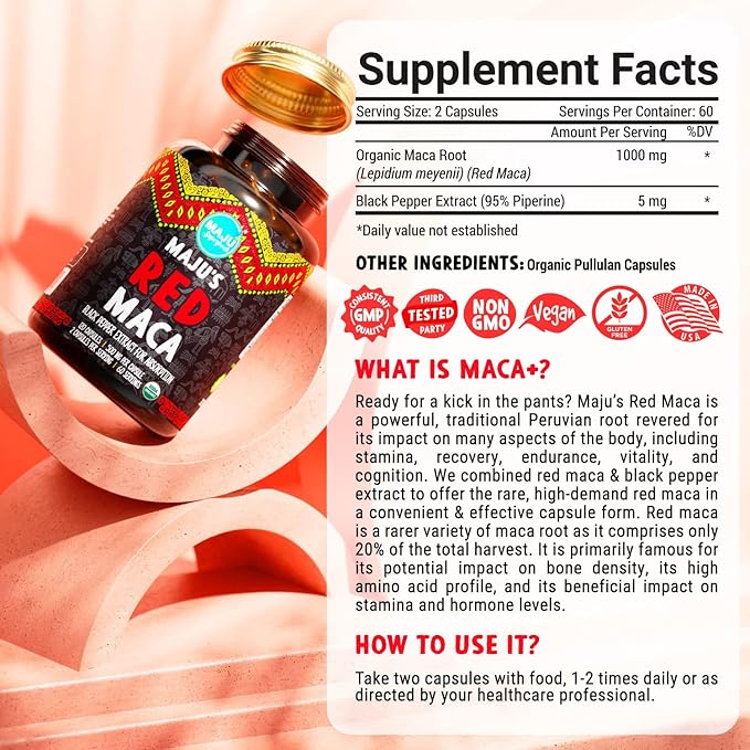 MAJU Organic Red Maca Root Capsules 120ct - Women Focused Curve Enhancement Nutrition Booster Pills, Gain for Thighs, Powder in Pill Supplement Qty 1