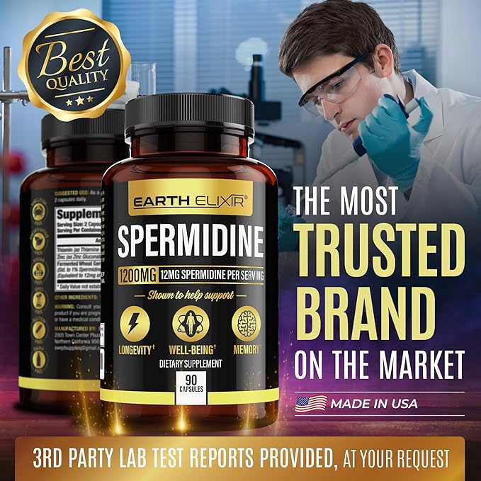 Spermidine Supplements 1200mg (90 Capsules) – Anti Aging - 3rd Party Tested (12mg Spermidine Powder) Max Purity - 100% Pure Espermidina- Fermented Wheat Germ Extract - NMN Alternative