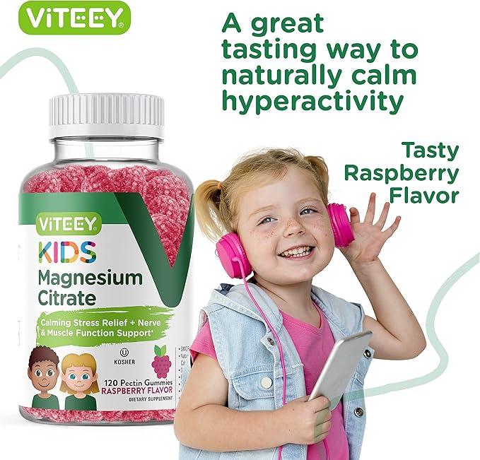 Kids Magnesium Citrate Gummies - Supports Sleep Aid, Calm Gummies, Muscle Relaxer, Optimal Relaxation - Vegetarian, Gelatin Free, Gluten Free, GMO Free - Tasty Chewable Raspberry Flavored Gummy
