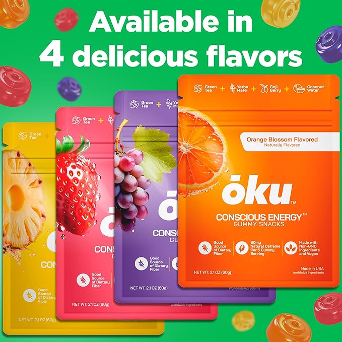 ōku Conscious Energy Gummy Snacks – Natural Caffeine from Green Tea & Yerba Mate, Vegan, Clean Ingredients, Gluten-Free, Focused Energy, Antioxidants & Fiber, Orange Blossom Pack of 12