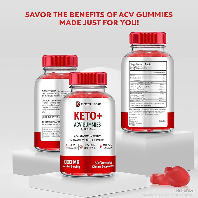 (3 Pack) Kinect Peak Keto ACV Gummies, KinectPeak Keto + ACV Supplement, All Natural Keto Plus Apple Cider Vinegar, Premium 1000MG Formula Plus Vitamins, Official Gomitas Reviews (180 Gummies)
