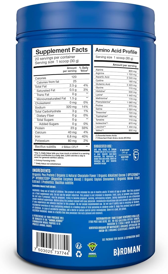 BIRDMAN Falcon Vegan Protein Powder Organic, Stevia & Sugar Free, Plant Based Protein, Low Carb, Dairy Free, Keto, Non Whey Protein, Probiotic, Pea Protein | Chocolate Flavor - 20 Servings - 1.32lb