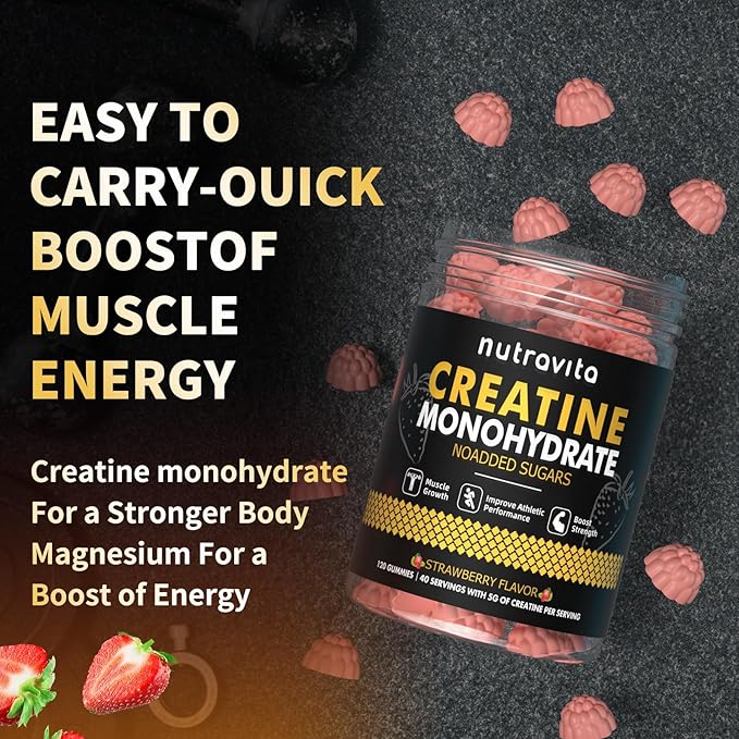 Creatine Monohydrate Gummies for Men & Women-5g of Creatine Monohydrate per Serving - Sugar Free,Vegan, Strawberry Flavor, 120 Count