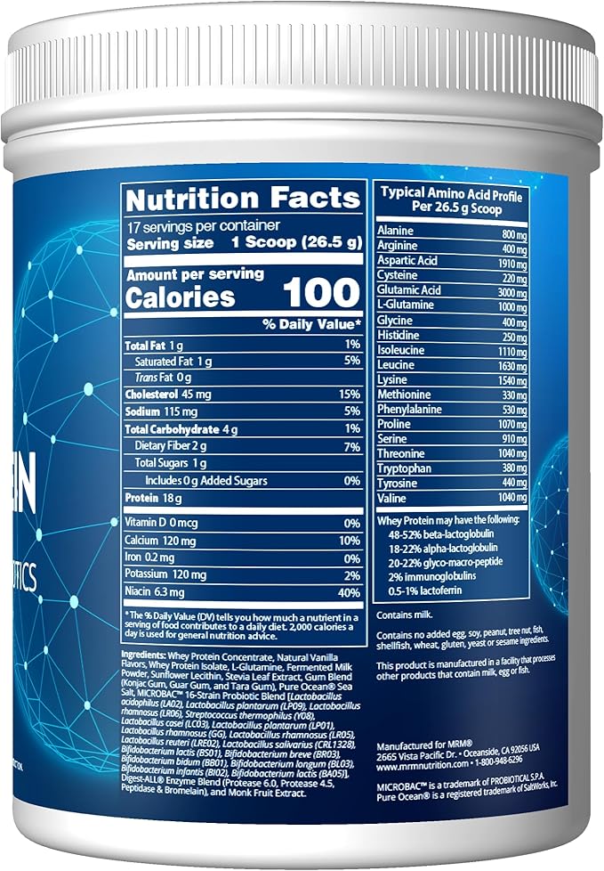 MRM Nutrition Whey Protein | Vanilla Flavored |18g Protein | with 2 Billion probiotics + Digestive enzymes + BCAAs | High Absorption + Digestion | Hormone + antibiotic Free | 17 Servings