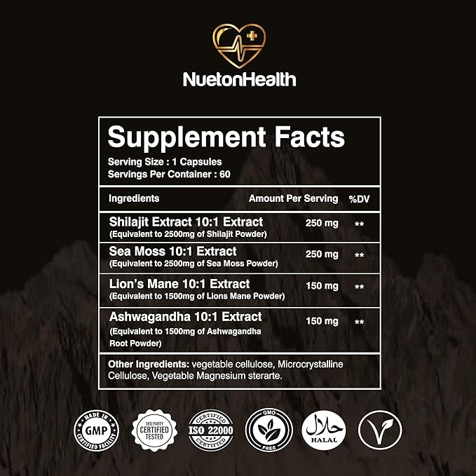 Shilajit, Sea Moss, Lion's Mane, and Ashwagandha Capsules - Comprehensive All-in-One Wellness Supplement for Mind, Body, and Vitality - 60 Vegan Capsules