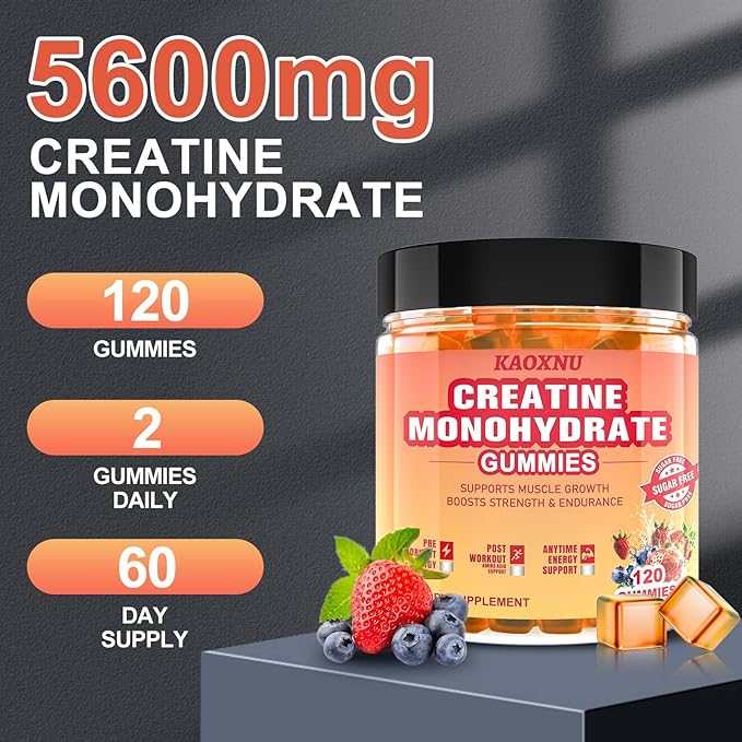 Creatine Monohydrate Gummies 5600mg for Men & Women, 120CT Chewable Creatine Gummies for Muscle Support, Energy Boost, 5.6g of Creatine Monohydrate per Serving - Sugar Free (Blueberry strawberry)