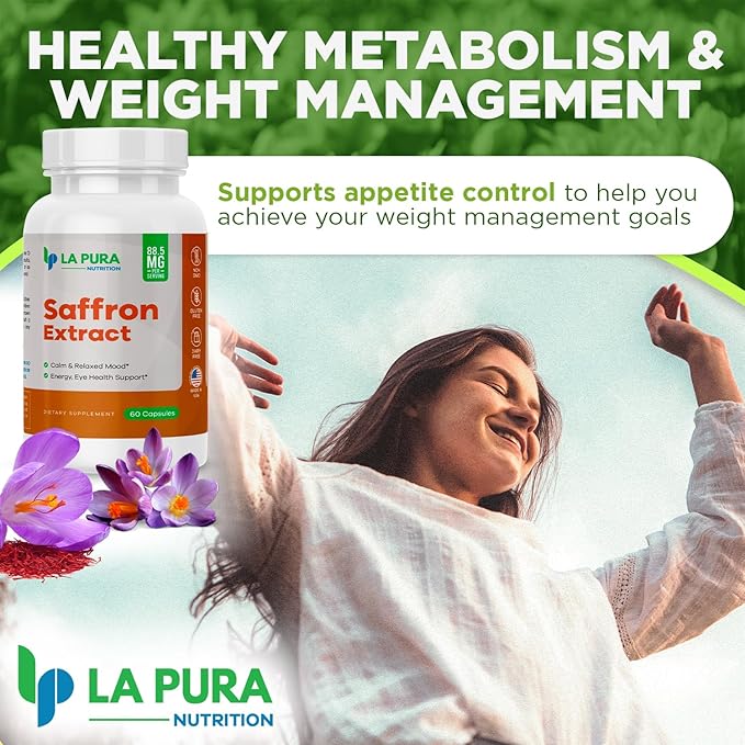 LaPura Pure Saffron Extract 88.5 mg Supplement, 60 Capsules – Natural Mood & Energy Booster, Eye & Heart Health - Non-GMO, Gluten-Free, Made in USA