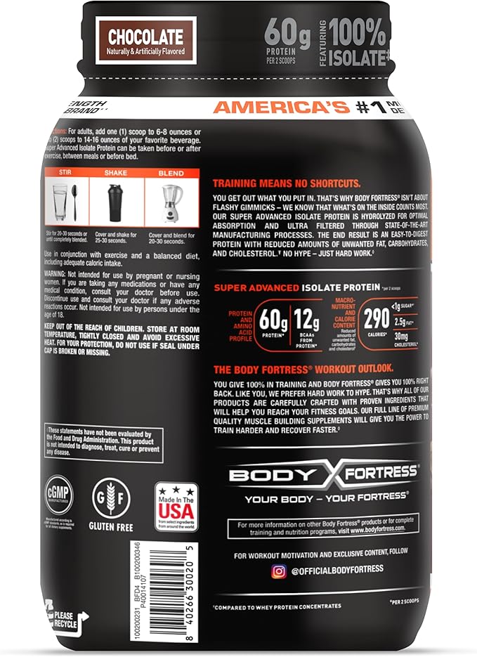 Body Fortress Super Advanced Whey Protein Isolate Powder, Great for Meal Replacement Shakes, Low Carb, Gluten Free, Chocolate, 3 lbs