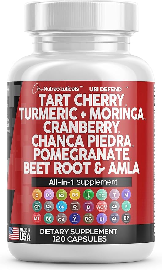 Clean Nutraceuticals Tart Cherry Extract Capsules with Turmeric Moringa Cranberry Chanca Piedra Celery Quercetin ACV Pomegranate L Selenomethionine - Uric Levels - 120 Ct