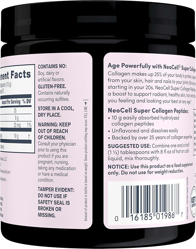 NeoCell Super Collagen Peptides, 10g Collagen Peptides per Serving, Gluten Free, Keto Friendly, Non-GMO, Grass Fed, Healthy Hair, Skin, Nails and Joints, Unflavored Powder, 7 oz., 1 Canister