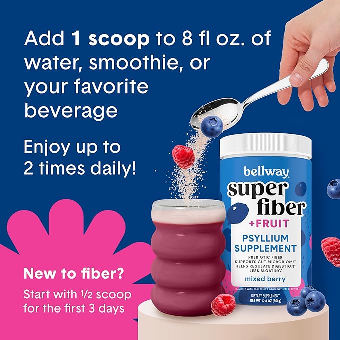 Bellway Super Fiber Powder + Fruit (5 Pack), Sugar Free Organic Psyllium Husk Powder Fiber Supplement for Regularity, Bloating Relief & Gut Health, Non-GMO, Plant-Based, Mixed Berry (250 Servings)
