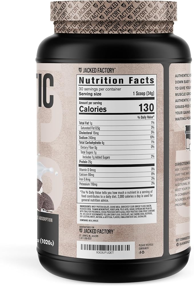 Jacked Factory Authentic ISO Grass Fed Whey Protein Isolate Powder - Low Carb, Non-GMO Muscle Building Protein w/No Fillers, Post Workout Recovery, Cookies & Cream