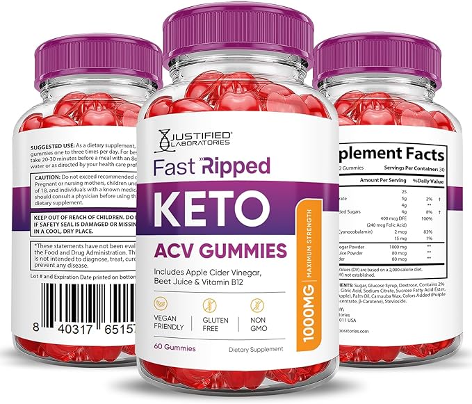 (3 Pack) Fast Ripped Keto ACV Gummies Advanced Formula 1000MG Fast Ripped Keto Gummies Apple Cider Vinegar Formulated with Pomegranate Beet Juice Powder B12 Vegan Non GMO 180 Gummys