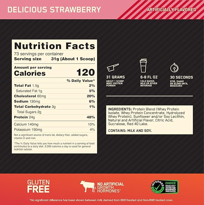 Optimum Nutrition Gold Standard 100% Whey Protein Powder, Delicious Strawberry, 5 Pound (Packaging May Vary)