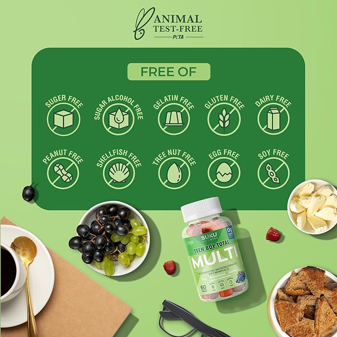 Teen Boy Multivitamin – Sugar Free Vegetarian Gummy Supplement for Teen Boys 19 Essential Nutrients Strengthens Bones Muscles Enhances Energy Health – Blueberry Grape Flavor (60 Count)