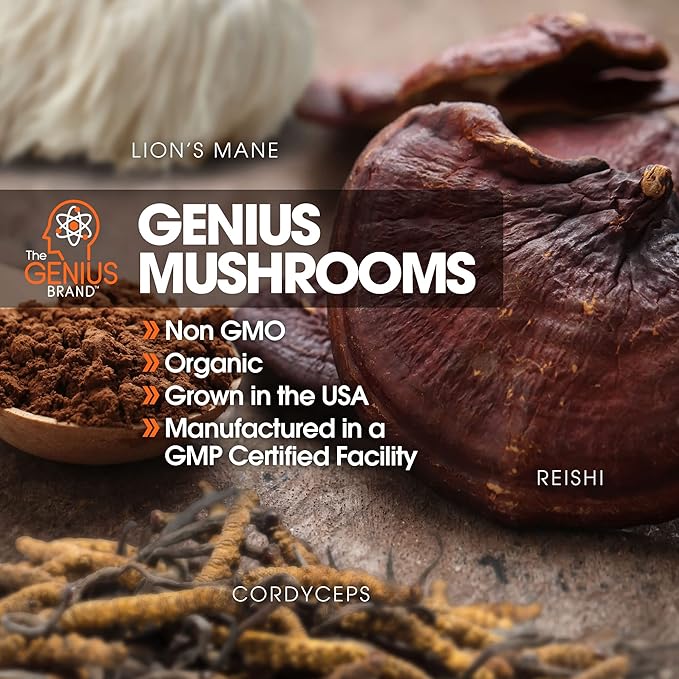 Genius Mushroom Supplement - Lions Mane, Cordyceps, Reishi - Brain Nootropic for Energy, Focus, Overall Wellness, & Immune Support, 180 Veggie Pills