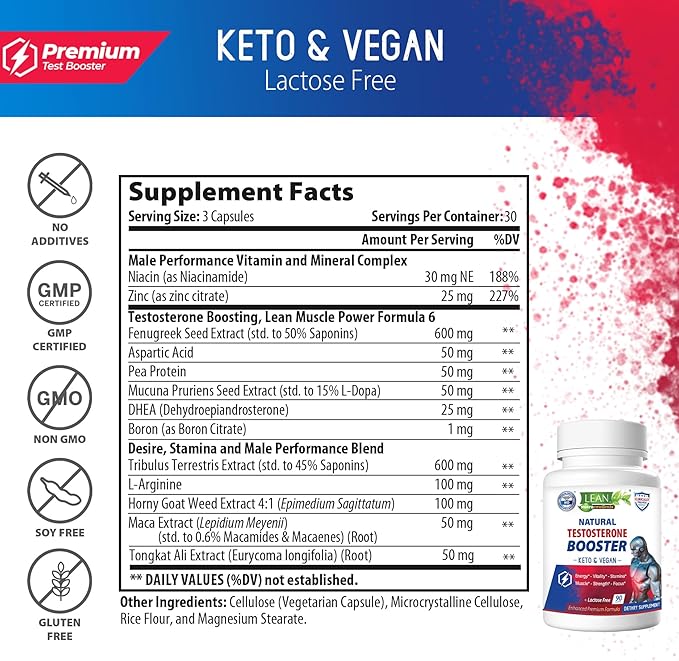 Testosterone Booster for Men, Keto Vegan, Total Male Test Supplement, Tongkat Ali Horney Goat Weed Tribulus Terrestris D Aspartic Acid Boron Plus Zinc DHEA, Enhance Max Mood Build Muscle Pills 90 Caps