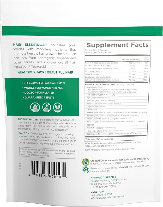 Natural Wellbeing Hair Essentials - Supports Healthy Hair with Saw Palmetto (for DHT), Biotin, Bamboo Silica - Natural Supplement for Women and Men. 270 Veg Caps (3-Month Supply)