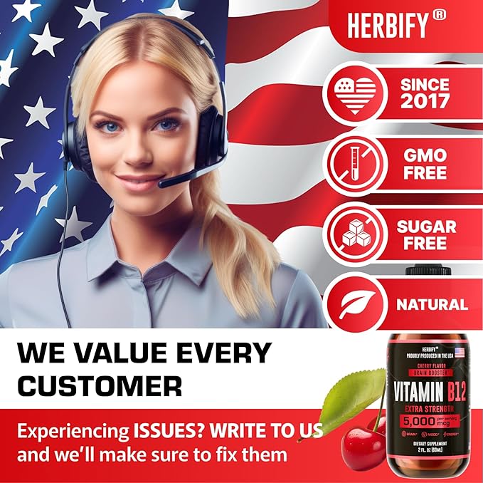 HERBIFY Vitamin B12 Organic Methylated Multivitamin Energy Supplements for Women & Men - Liquid B12 Vitamins 5000 Mcg Methylfolate - Energy Support and Natural Immune Health Liquid Vitamin 2 Oz