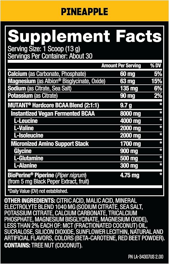 Mutant Hardcore BCAA - Pre, Intra or Post Workout – BCAA Next Level branched-Chain Amino Acids Supplement – Hydration + Recovery - 30 Serving - Pineapple