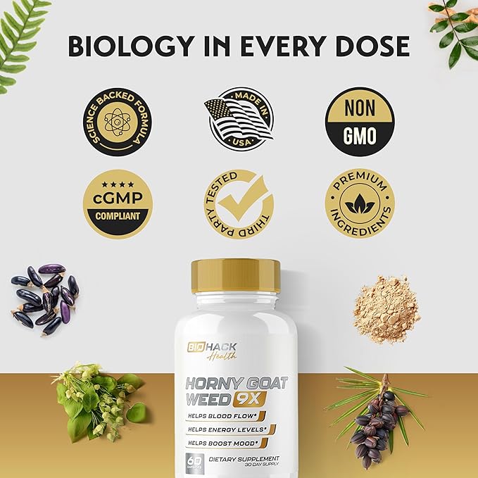BioHack Health | HornyGoatWeed 9 in 1 Formula | 9 Active Ingredients for Blood Flow, Energy & Stamina | L-Arginine, Saw Palmetto + 7 More Ingredients | 3rd Party Tested Formula - 60 Capsules