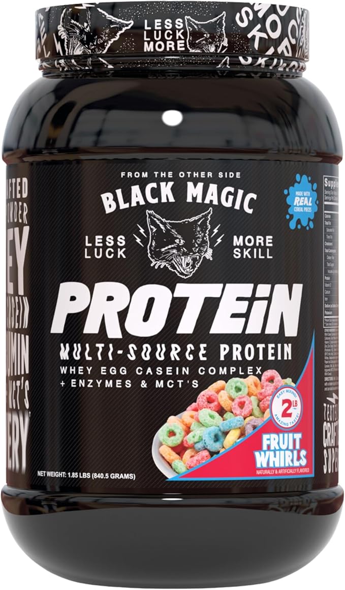 Worldwide Nutrition Black Magic Multi-Source Protein Powder - Whey, Egg Albumin Enzymes, Micellar Casein & MCTs - Muscle Mass Gaining - Fruit Whirls Flavor - 2 LB with Bonus Multi Purpose Key Chain