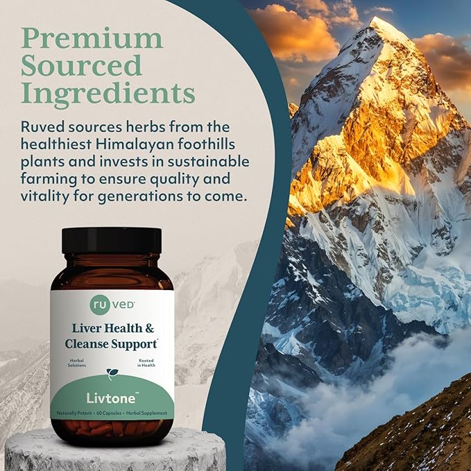 Ruved Livtone, Powerful Doctor-Formulated Liver Support with Berberine, Andrographis and Amla, Ayurvedic Herbal Supplement for Detoxification and Gastrointestinal Health, 60 Vegetarian Capsules