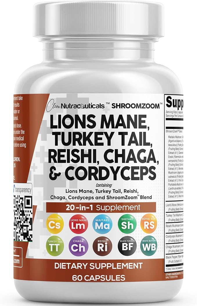 Clean Nutraceuticals Lions Mane 20in1 Mushroom Supplement with Turkey Tail Reishi Cordyceps Chaga Maitake Meshima Poria Cocos Shiitake Oyster Porcini Enoki - Pack