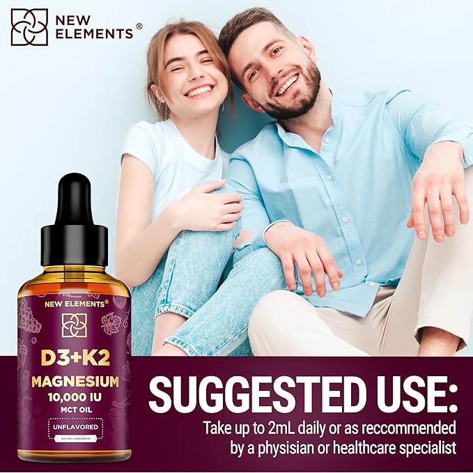 Liquid Vitamin D3 K2 10000IU with Magnesium Glycinate 5mg | VIT D3 K2 Drops for Adults | Mk7 Vitamin K2 100mcg | Vitamin D3 + K2 Supplement for Men & Women | Gluten Free | Non-GMO