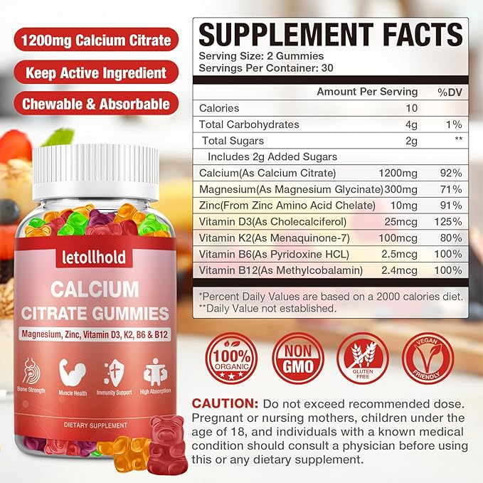 Calcium Citrate Gummies - 1200 mg Calcium Gummies with Magnesium Zinc Vitamins - Calcium Chews for Bone, Muscle, Joints, Immune Support, High Absorption Calcium Supplements for Women & Men 2 Packs