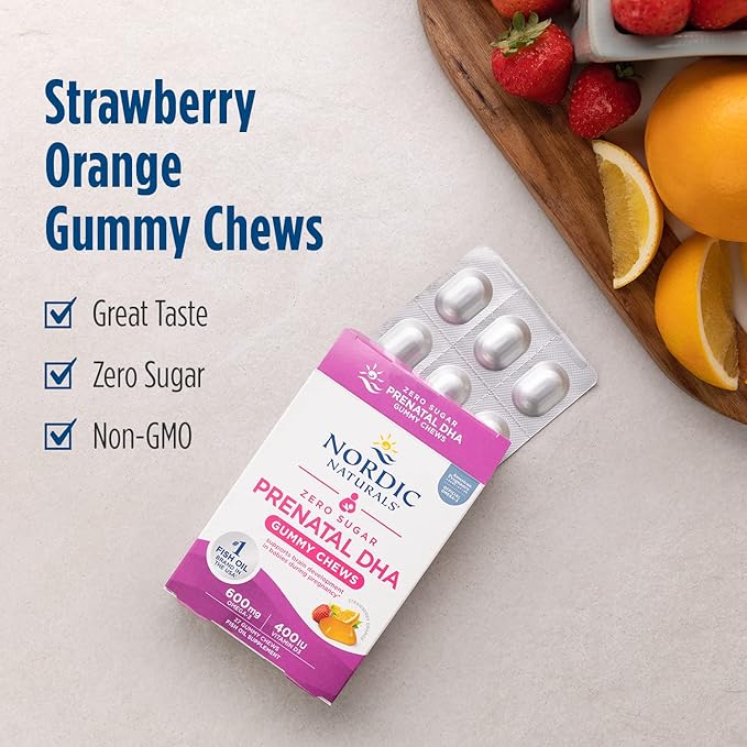 Nordic Naturals Zero Sugar DHA Prenatal Vitamin Gummies, Strawberry Orange Flavor - 27 Gummies - Supplements for Pregnancy - 600 mg Omega-3 Fish Oil and 400 IU Vitamin D3-27 Servings